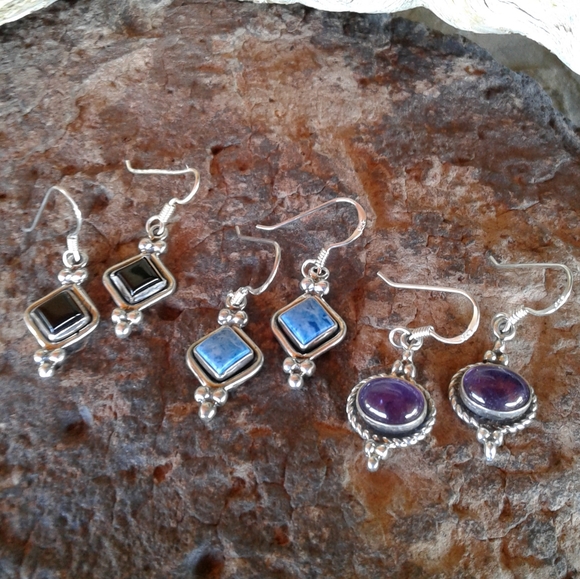 Sterling Silver Set of 3 GEMSTONE Earrings SET - Picture 2 of 9